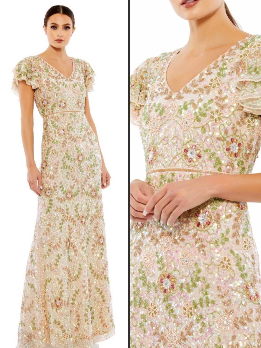 Womens Cream Pink Floral Embellished Ruffle Cap Sleeve V Neck Gown Dress 10